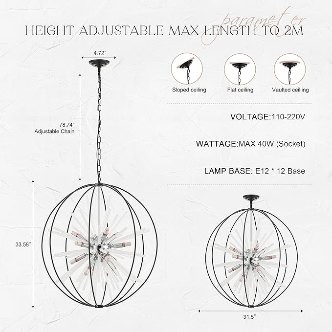 31.5" Black Chrome Large Globe Sputnik Chandelier, 12-Light Mid Century Modern Glass Tube Satellite Light Fixture for High Ceiling Living Room Dining Room Entryway Stairway, E12