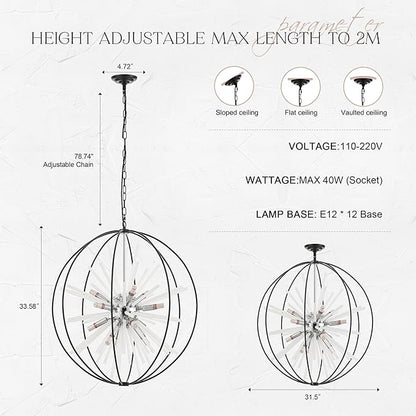 31.5" Black Chrome Large Globe Sputnik Chandelier, 12-Light Mid Century Modern Glass Tube Satellite Light Fixture for High Ceiling Living Room Dining Room Entryway Stairway, E12