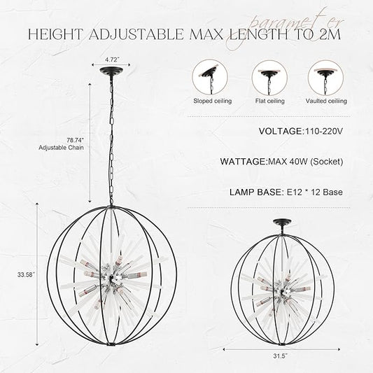 31.5" Black Chrome Large Globe Sputnik Chandelier, 12-Light Mid Century Modern Glass Tube Satellite Light Fixture for High Ceiling Living Room Dining Room Entryway Stairway, E12