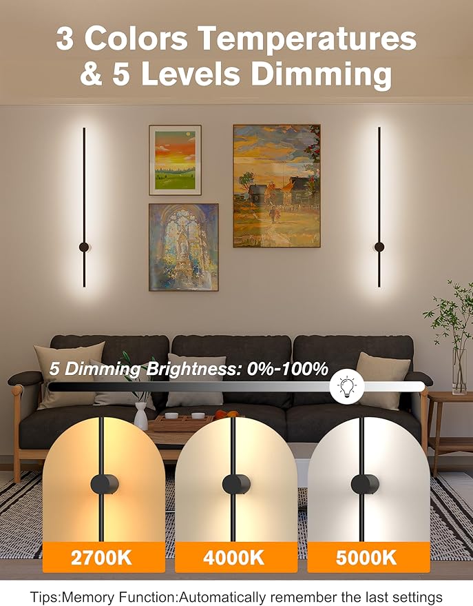 JOFIOS Battery Operated Wall Sconces Set of 2,10000mAh Rechargeable Wireless Sconces with Remote Control,Dimmable Wall Lamps with 7 Colors,35.4 Inch Modern Black Wall Lights for Bedroom, Living Room
