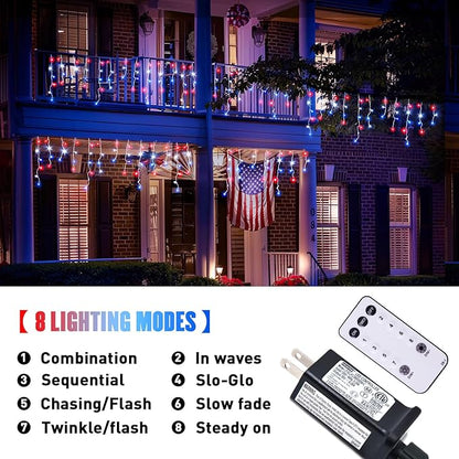 JMEXSUSS Icicle Lights for 4th of July Decor, 400 LED Red White and Blue Icicle Lights for Outside, 38.8 Ft Independence Day Icicle String Light Indoor Outdoor Holiday American Flag Decor