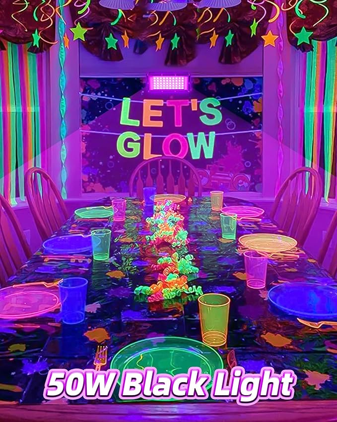 THECHAM 50W LED Black Lights IP66 Waterproof Black Light Outdoor with 6ft Plug+Switch,Flood Blacklight for Halloween Glow in The Dark Party Stage Light Neon Glow Birthday 1 Pack