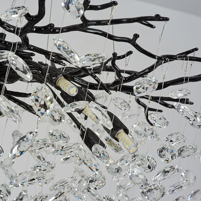 Crystal Chandeliers for Dining Room,63" Black Farmhouse Raindrop Chandelier Large Unique Adjustable Tree Branch Industrial Rectangle Chandelier for Living Room, Bedroom, Entryway (16-Light)