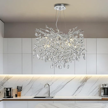 Modern Crystal Tree Branches Chandelier, 23.5in Silver 8 Lights Large Ceiling Hanging Light for Dining Room, Round Raindrop Pendant Light Fixture