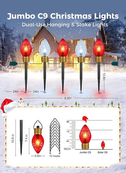 Strawberry Jumbo C9 Christmas Pathway Lights Outdoor - 8.5FT 5 LED C9 Walkway Light, Christma Decoration Outside, Christmas Lights Outdoor for Lawn Holiday Yard, Red & Pure White