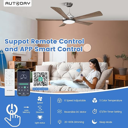52 Inch Ceiling Fans with Lights and Remote/App Control - Nickel Ceiling Fan with Light, Quiet Reversible DC Motor, Dimmable Tri-Color LED, Modern Ceiling Fan for Bedroom/Patio, Indoor/Outdoor