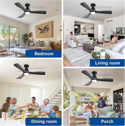 DLLT 42-Inch Ceiling Fans with Lights: Flush Mount Ceiling Fan 3 Blades for Indoor Outdoor - Black Ceiling Fan with Remote APP Control Noiseless for Low Profile Bedroom
