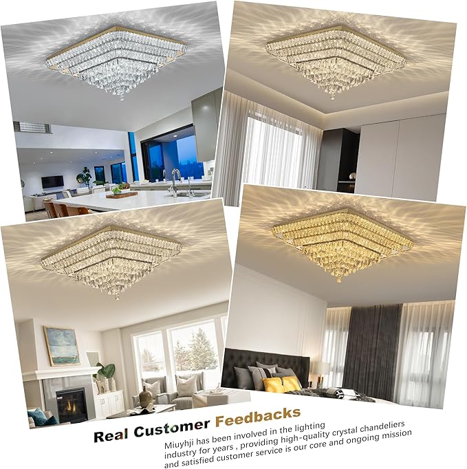 Miuyhji Elegant LED Gold Crystal Raindrop Ceiling Light,30 Inch Square Flush Mount Chandelier with Remote for Living Room Kitchen Island Bedroom Hallway Entryway Foyer (Dimmable)