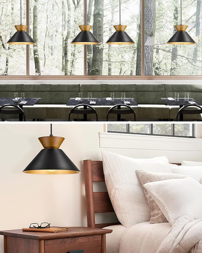 ELYONA Modern Pendant Light Kitchen Island, 10" Solid Wood Hanging Lamp with Matte Black Metal Shade & Gold Inner Finish, Farmhouse Pendant Light Fixtures for Dining Room Bedroom Living Room Hallway