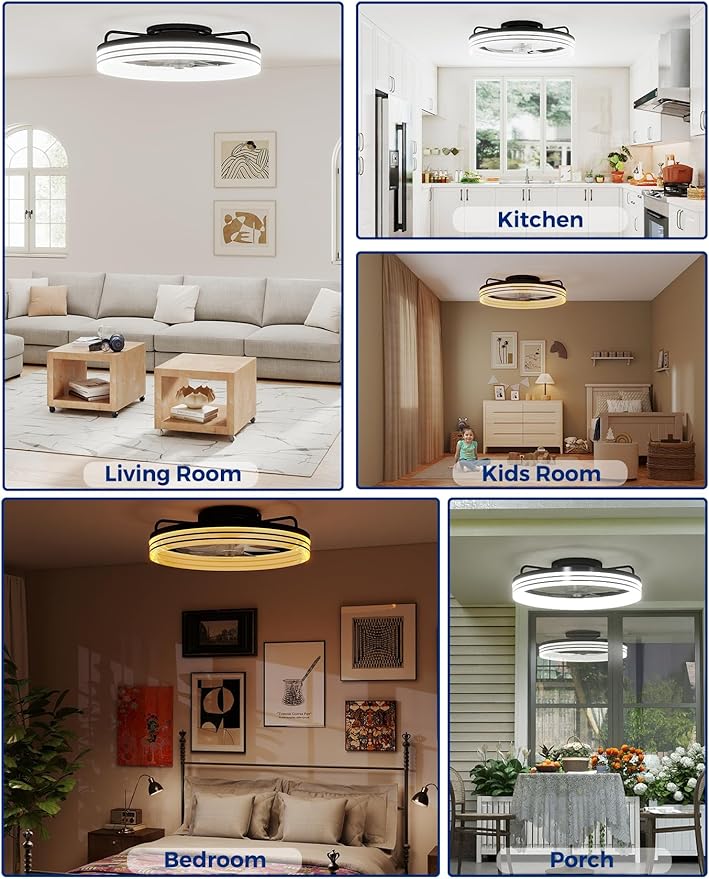 20-Inch Low Profile Ceiling Fan with Lights and Remote Control, Black Modern Flush Mount LED Ceiling Fan, Quiet Fandelier with 6 Wind Speeds, 3000K–6500K Dimmable Lighting for Bedroom