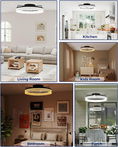 20-Inch Low Profile Ceiling Fan with Lights and Remote Control, Black Modern Flush Mount LED Ceiling Fan, Quiet Fandelier with 6 Wind Speeds, 3000K–6500K Dimmable Lighting for Bedroom