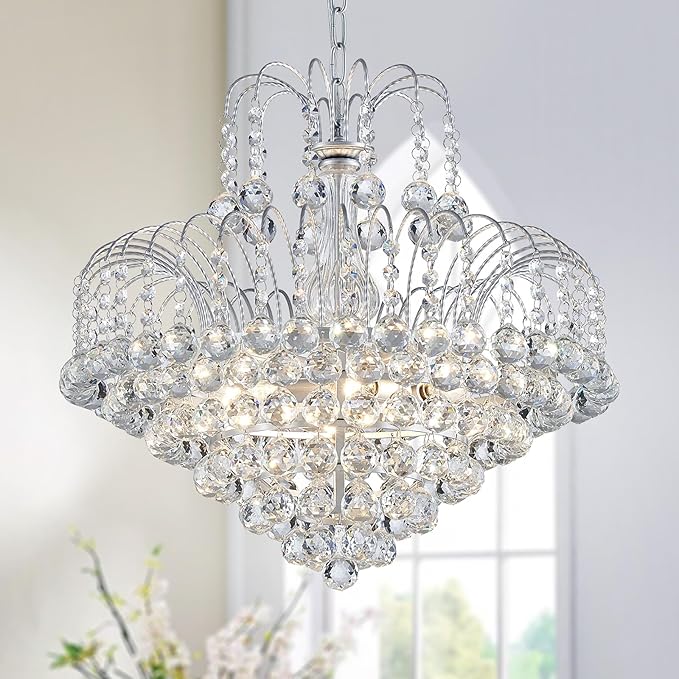 WUZUPS Crystal Chandelier Pendant Flushmount Ceiling Light Modern Lighting Fixture for Bedroom Hallway Bar Kitchen Bathroom, H 17.3" x W 18.9", Silver, E12 Base