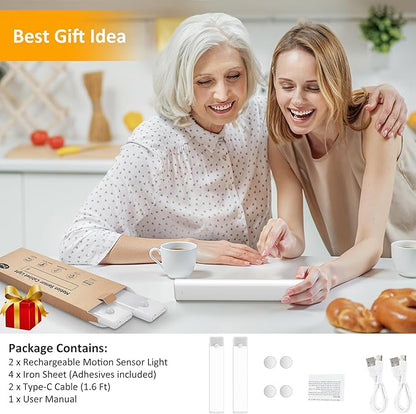 Motion Sensor Under Cabinet Lights, Magnetic Rechargeable Under Counter Closet Light, Wireless Night Light Bar Stick-On, 2-Pack, Warm White