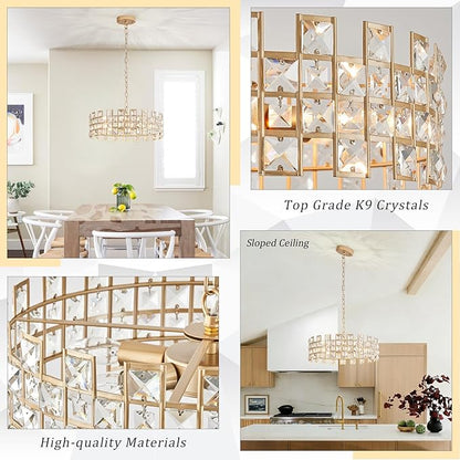 CATINER Gold Crystal Chandelier 18'' Round, Modern 6-Light Semi Flush Mount Ceiling Light, Adjustable Hanging Crystal Pendant Light with G9 Base for Kitchen Island, Dining Room, Bedroom, Entryway