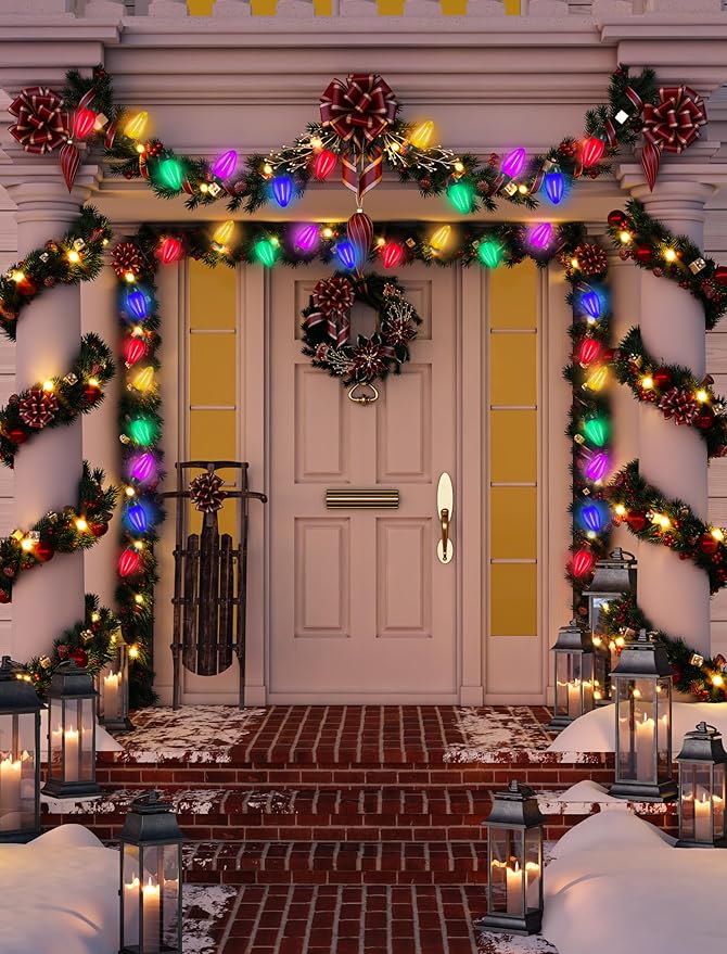 C7 LED Christmas Lights, 25Ft Vintage C7 Christmas Lights with 27 LED Clear Multicolor Bulbs, Hanging Connectable Xmas String Light for Patio Garden Holiday Home Xmas Decor