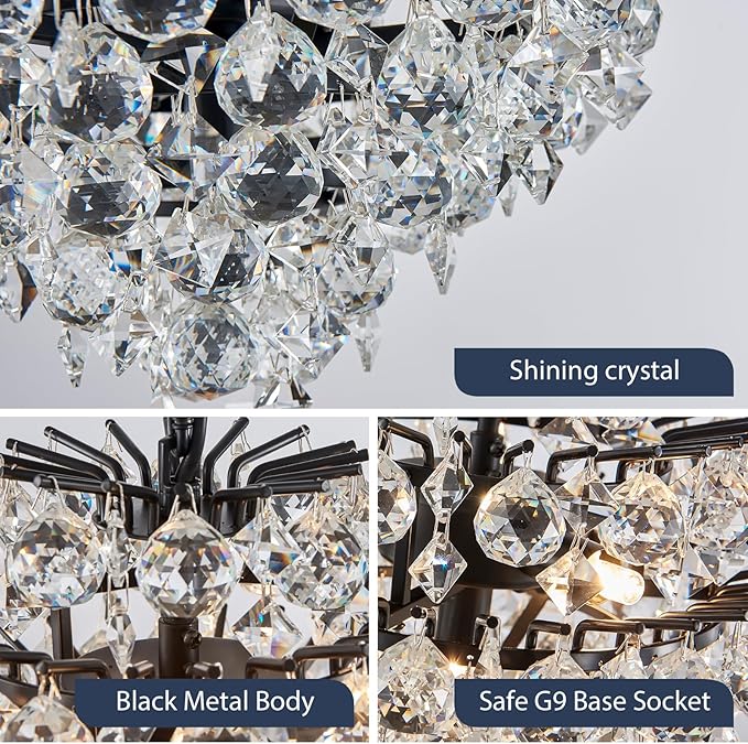 Bestier Black Modern Pendant Chandelier Crystal Raindrop Lighting Ceiling Light Fixture Lamp for Dining Room Bathroom Bedroom Livingroom 4 G9 Bulbs Required D11 in x H12 in
