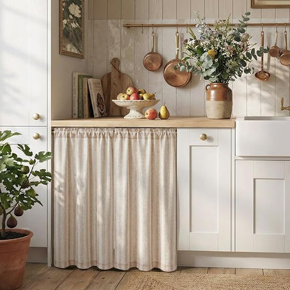 jinchan Linen Kitchen Curtains Striped Tier Curtains 36 Inch Farmhouse Small Drapes Balanced Stripe Half Window Light Filtering for Bathroom Laundry 2 Panels Tan on Linen