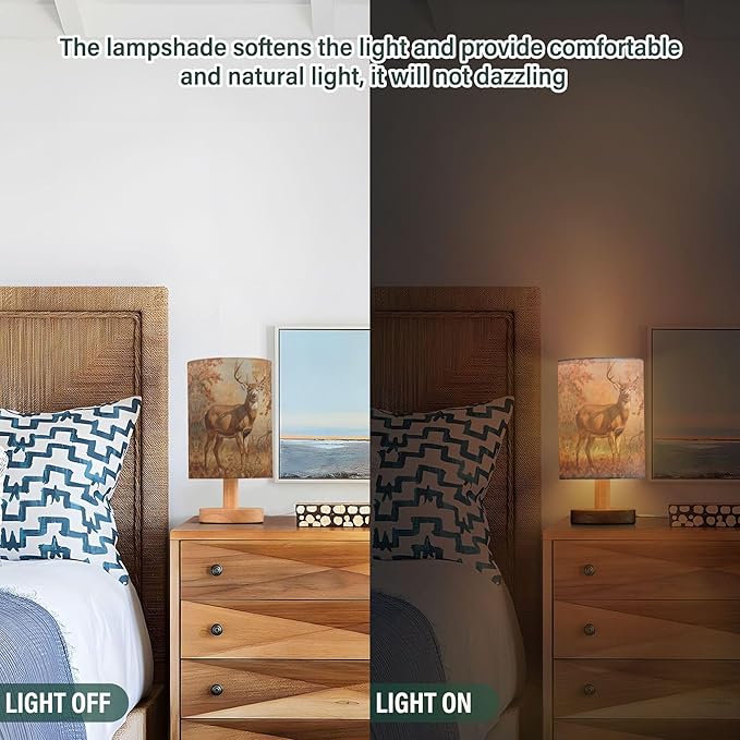 Table Lamp Deer Autumn Forest Nightstand Lamp with Wood Base Fabric Lamp Shade Bedside Desk Lamp for Living Room Bedroom Kids Room Office