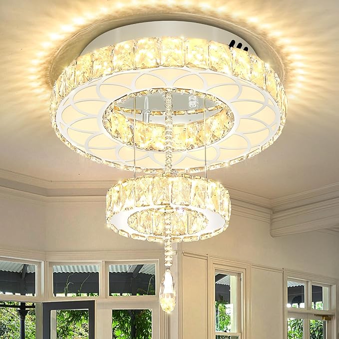 Flashing God Dia 16" Mini Chandelier Modern Crystal Chandeliers for Hallway LED Dimmable Flush Mount Ceiling Light for Dining Room Living Room Bedroom