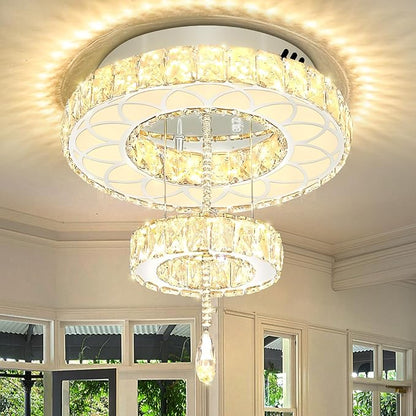 Flashing God Dia 16" Mini Chandelier Modern Crystal Chandeliers for Hallway LED Dimmable Flush Mount Ceiling Light for Dining Room Living Room Bedroom
