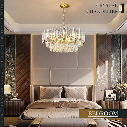 Gold Crystal Chandelier 23.6" Modern Crystal Pendant Light 3-Tier12-Light Ceiling Pendant Light Fixture for Dinning Room Living Room Foyer