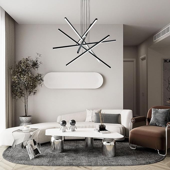 JAYMP Modern LED Chandeliers Dimmable Pendant Light Fixture for Living Room Dining Room Foyer DIY Shape Sputnik Floating Sculptural Art Hanging Lamp (Black, 6-Lights)