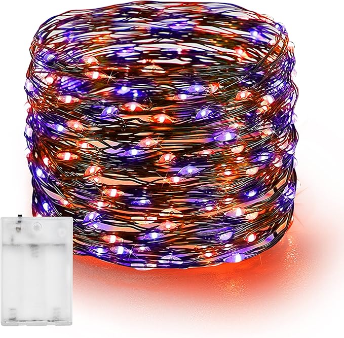 Dazzle Bright Halloween Fairy String Lights, 20FT 60 LED Copper Wire Battery Operated Waterproof Lights, Halloween Decorations for Indoor Home Outdoor Patio Yard Party Decor (Purple and Orange)
