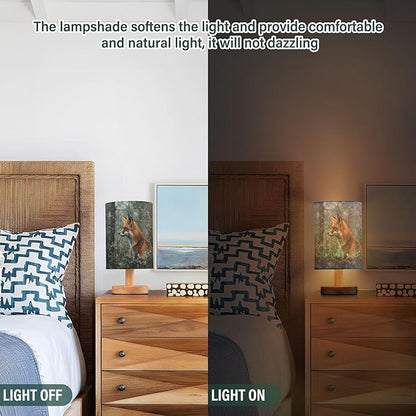 Table Lamp Fox in Forest Nightstand Lamp with Wood Base Fabric Lamp Shade Bedside Desk Lamp for Living Room Bedroom Kids Room Office