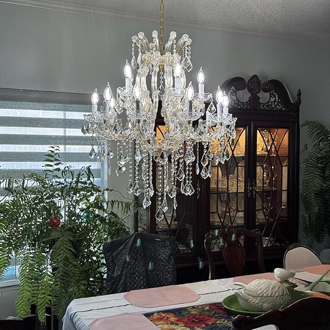 Modern Gold Chandelier Light Fixture - Large Maria Theresa Crystal Chandeliers for Dining Room, Kitchen Island, Living Room, Bedroom, 15 Lights, 2 Layers