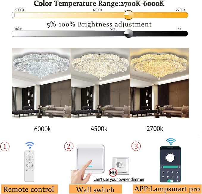 Modern Crystal Chandelier for Living Room 40in Chrome Crystal Raindrop Ceiling Light for Room Bedroom LED Dimmable 3000-6000K