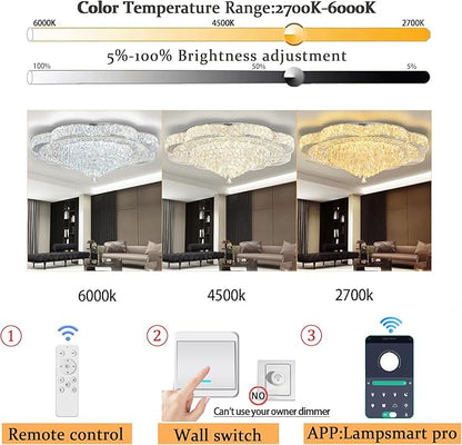Modern Crystal Chandelier for Living Room 40in Chrome Crystal Raindrop Ceiling Light for Room Bedroom LED Dimmable 3000-6000K