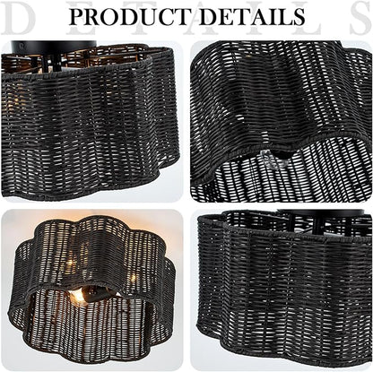 13” Boho Semi Flush Mount Ceiling Light Black Flower Floral Hand Woven Rattan Mini Chandelier for Bedroom Dining Room Kitchen Island Hallway, UL Listed