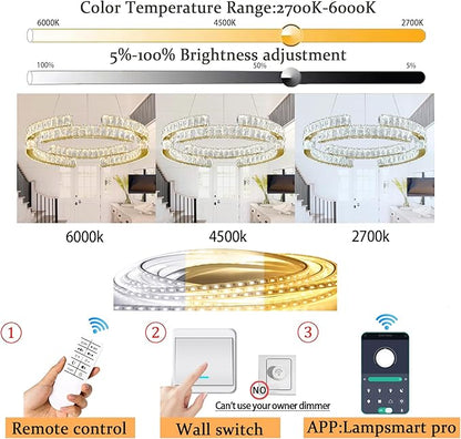 16in Modern Gold Ring Chandelier for Living Room Dinning Room immable Led Crystal Pendant Light Dimmable 3000k-6000k