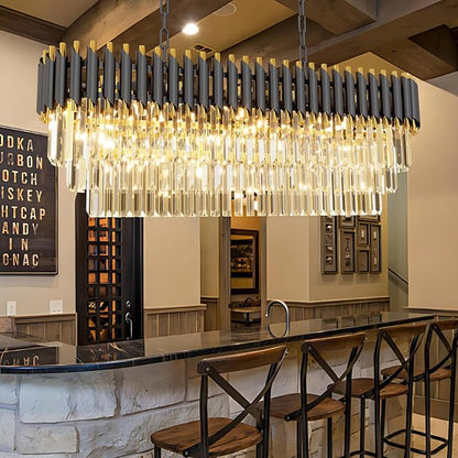 40" 10-Light Modern Black Gold Crystal Chandelier, Luxury Rectangular Raindrop Pendant Light Fixture for Dining Room, Kitchen Island, Living Room, Farmhouse Ceiling Lighting