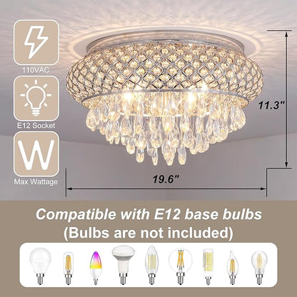 Maxax 19.5'' Chrome Chandelier with Crystal Raindrop Prism, Large 5-Light Flush Mount Ceiling Light Fixture, Drum Raindrop Metal Shade, French Vintage
