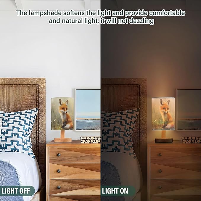 Table Lamp Cute Fox Floral Woodland Nightstand Lamp with Wood Base Fabric Lamp Shade Bedside Desk Lamp for Living Room Bedroom Kids Room Office