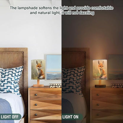 Table Lamp Cute Fox Floral Woodland Nightstand Lamp with Wood Base Fabric Lamp Shade Bedside Desk Lamp for Living Room Bedroom Kids Room Office