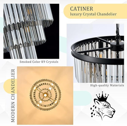 CATINER Modern Smoke Gray Crystal Chandeliers, Black 20” Round Chandelier 3 Tiers 7 Lights Luxury K9 Crystal Ceiling Pendant Light Fixture for Dining Room Foyer Bedroom Closet