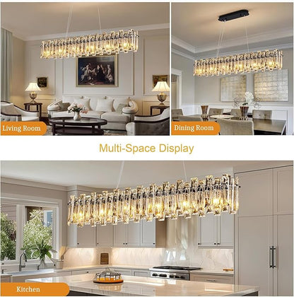 Modern Luxury Rectangular K9 Crystal Chandelier for Dining Room Living Room Kitchen Island Entryway Foyer L43 Easy Install Adjustable Hight 6-Light Ceiling Hanging Light Fixture Black