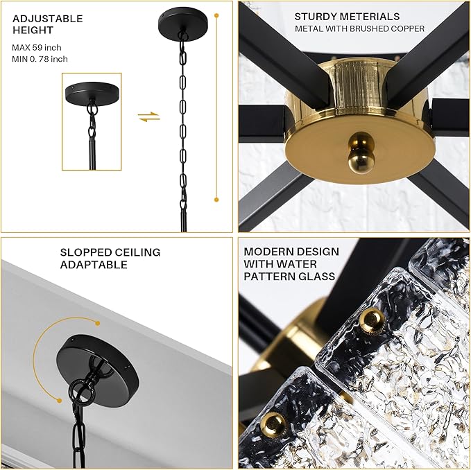 Modern Crystal Chandelier,16" Black Chandeliers for Dining Room, Adjustable Height,Water Ripple Glass,Hanging Pendant Light Fixture for Kitchen Island Entryway Foyer Hallway Living Room
