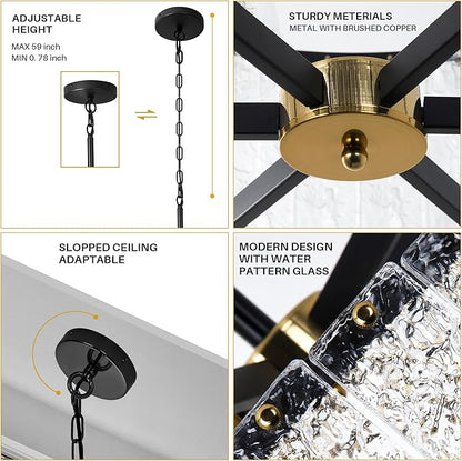 Modern Crystal Chandelier,16" Black Chandeliers for Dining Room, Adjustable Height,Water Ripple Glass,Hanging Pendant Light Fixture for Kitchen Island Entryway Foyer Hallway Living Room