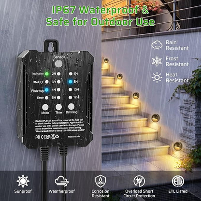 6 Pack Low Voltage LED Deck Lights Kit with Plug-in Transformer, Dusk-to-Dawn Photocell Sensor and Timer, IP67 Waterproof 3000K Outdoor Step Stair Lights for Deck Patio Fence Landscape Lighting