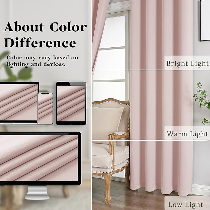 Simplebrand Blush Curtains for Bedroom 63 Inch Length 2 Panels Set, Room Darkening Thermal Insulated Energy Saving Curtains for Nursery, Grommet Solid Soft Window Treatment Drapes, W40 x L63