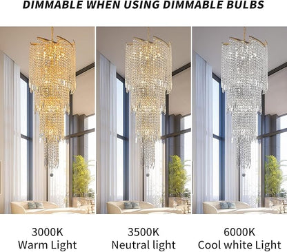 Modern Crystal Chandelier Gold Spiral Chandeliers for Dining Room, 4 Tiers Ceiling Pendant Light Fixtures, Golden Large Raindrop Chandelier for Foyer Living Room Entryway Staircase, H62 x D21.6