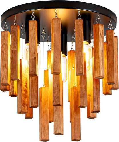 Farmhouse Light Fixture, 3-Light Wood Ceiling Light, Rustic Light Fixture with Wood and Black Metal Finish, Farmhouse Semi Flush Chandelier for Bedroom, Hallway, Entryway, Kitchen