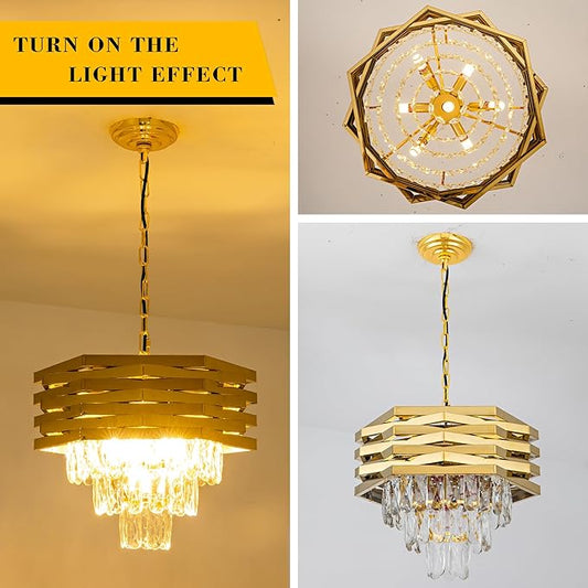 15.75" Gold Crystal Chandelier 5-Light Modern Crystal Pendant Light 3-Tier Luxury K9 Hanging Dining Room Lighting Fixtures for Bedroom Living Room Office Hallway Foyer Entryway Kitchen Sink