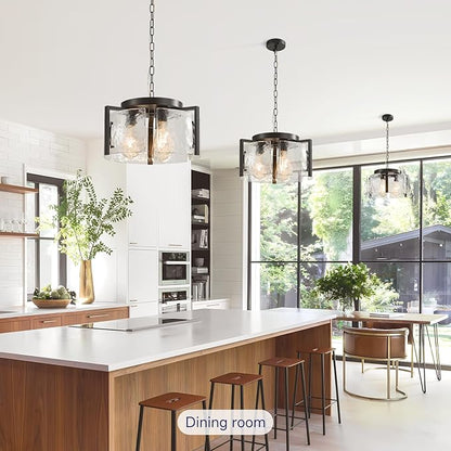 Modern Black Round Glass Chandelier,3 Light Entryway Pendant Lighting,Dining Room Lighting Fixtures Over Table,Vintage Drum Chandeliers for Kitchen Bedroom Living Room Stairwell Foyer Laundry Bathroom