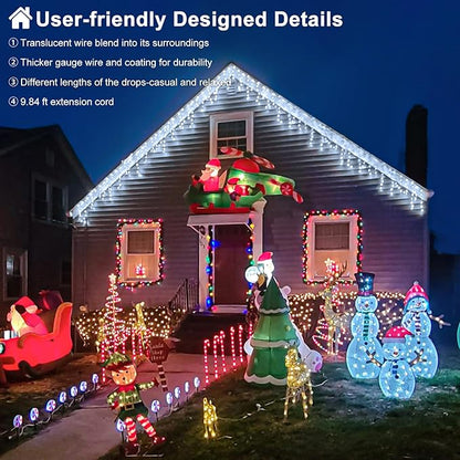 White Christmas Lights Outdoor, 66ft 640 LED Icicle Lights for Outside House with Connectable Clear Wire 8 Modes Timer, Plug in Waterproof for Home Holiday Eaves Yard Roof Party Room Indoor Decoration