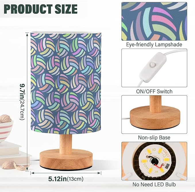 Volleyball Pattern Colored Sport Ball Table Lamp with Wood Base Fabric Lamp Shade Bedside Nightstand Desk Lamp for Living Room Bedroom Kids Room Office