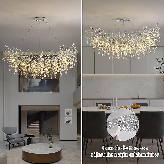 Rectangle Crystal Tree Branch Chandelier, L47.3'' Mpdern Luxury Chrome Linear Art Deco Raindrop Pendant Lighting Fixture for Kitchen Island Foyer Living Room Dining Room 14 Lights